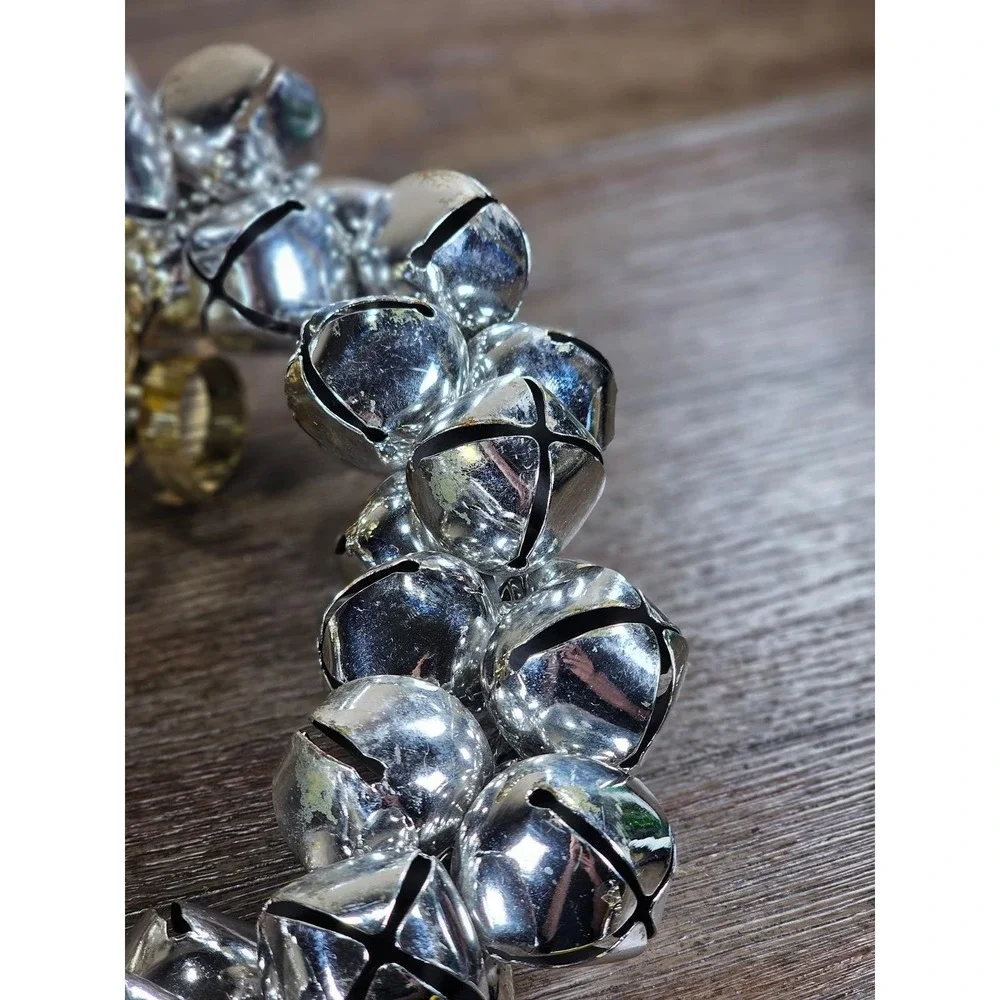 Vintage Silver Jingle Bell Wreath Gold Bow Christmas Door Decor